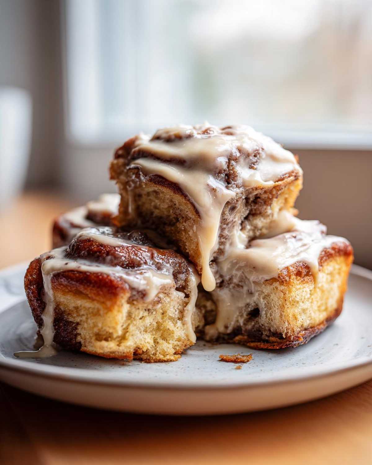 Close-up of gooey Banana Bread Cinnamon Rolls stacked and dripping with cream cheese frosting.