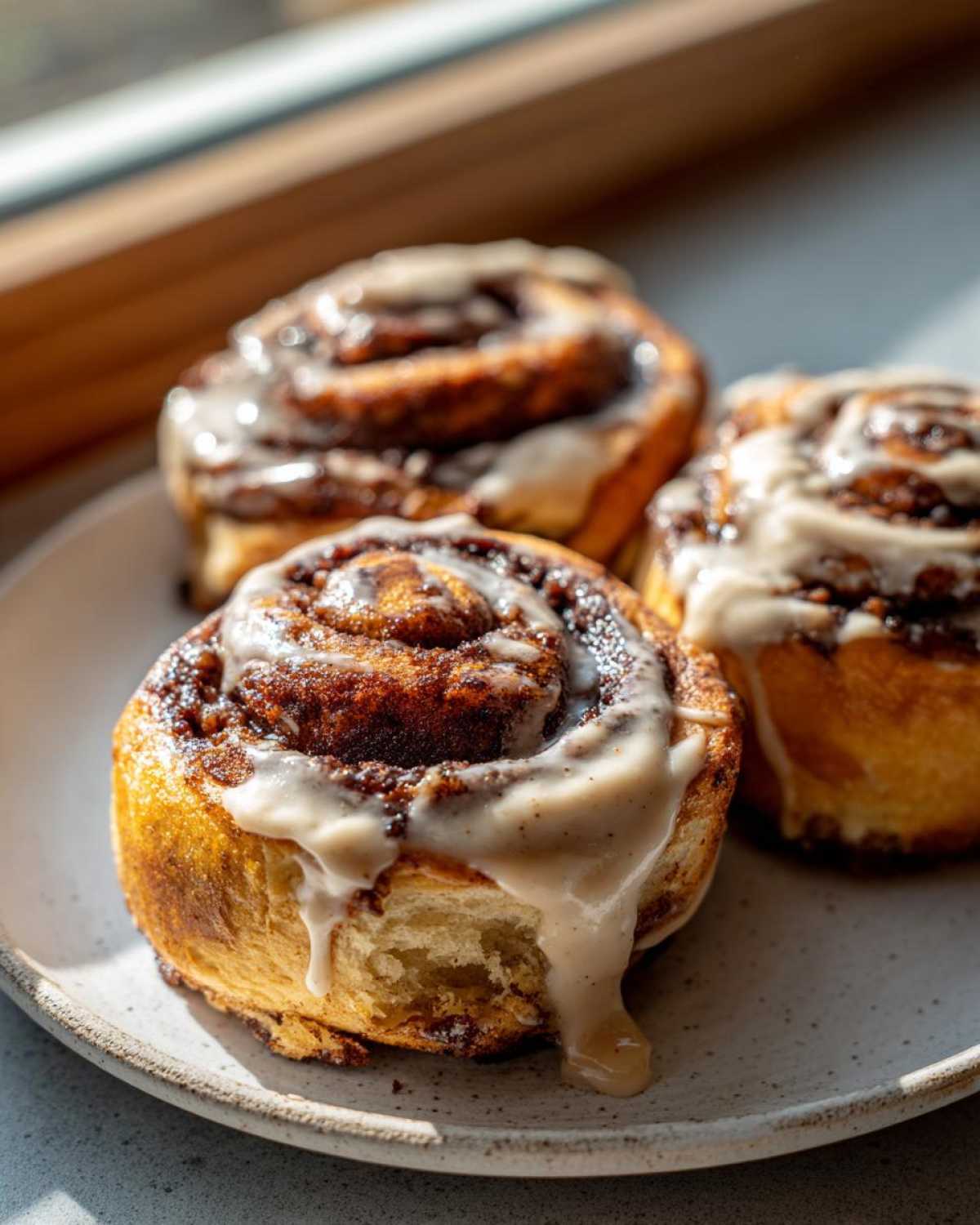 Three freshly baked Banana Bread Cinnamon Rolls drizzled with thick vanilla glaze, sitting on a light plate.