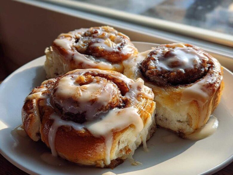 Three freshly baked Banana Bread Cinnamon Rolls covered in thick white icing, sitting on a white plate near a window.