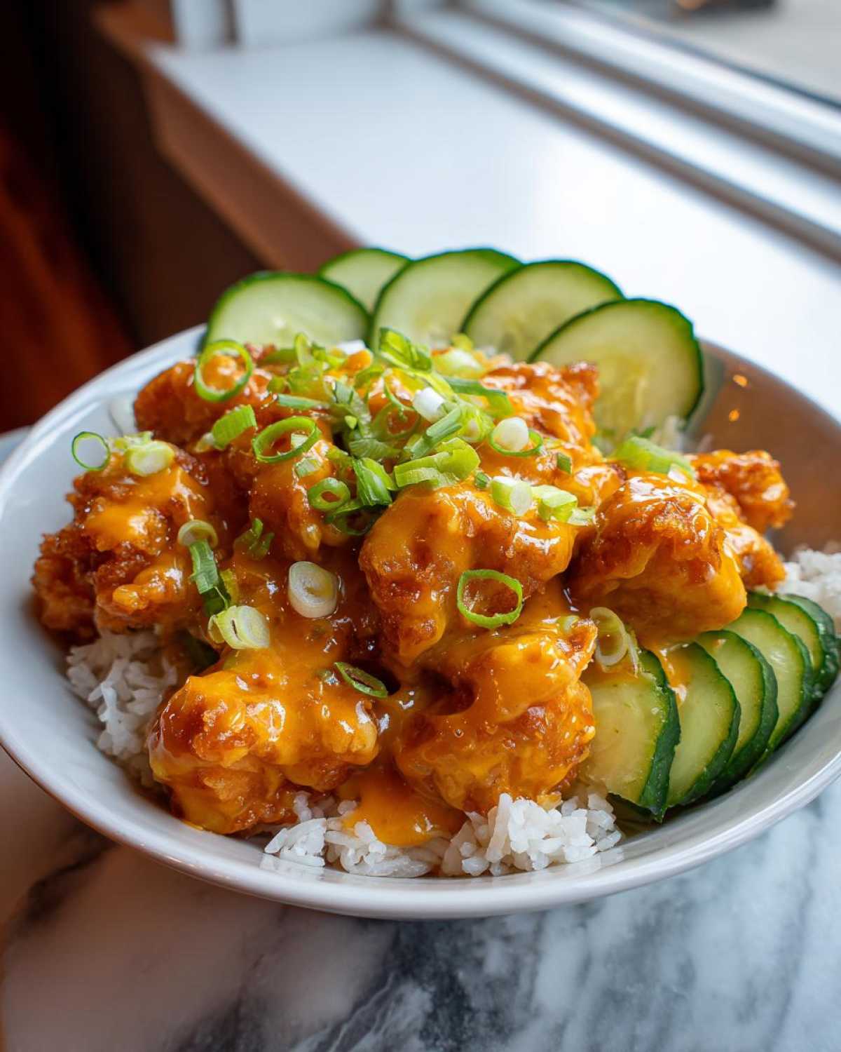 A close-up of a Bang Bang Chicken Bowl featuring crispy chicken coated in orange sauce over white rice, garnished with sliced cucumbers and green onions.
