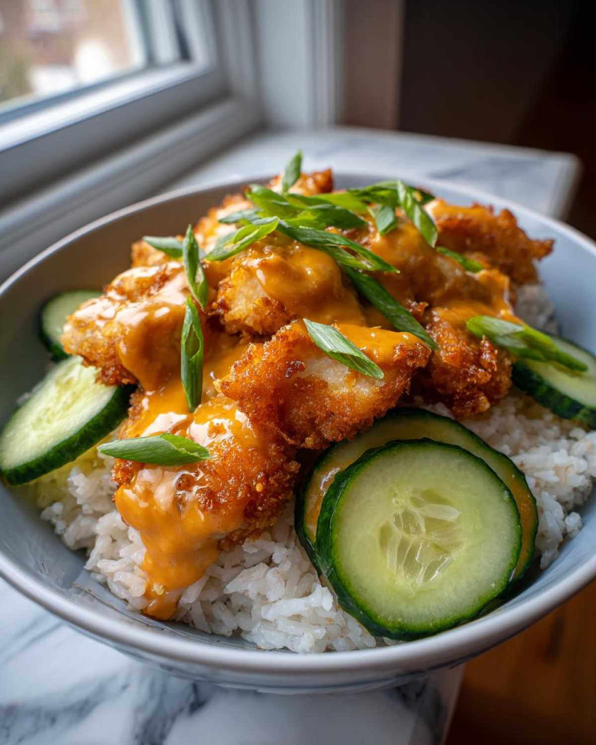 Close-up of a Bang Bang Chicken Bowl featuring crispy chicken pieces drizzled with orange sauce over rice and fresh cucumber slices.