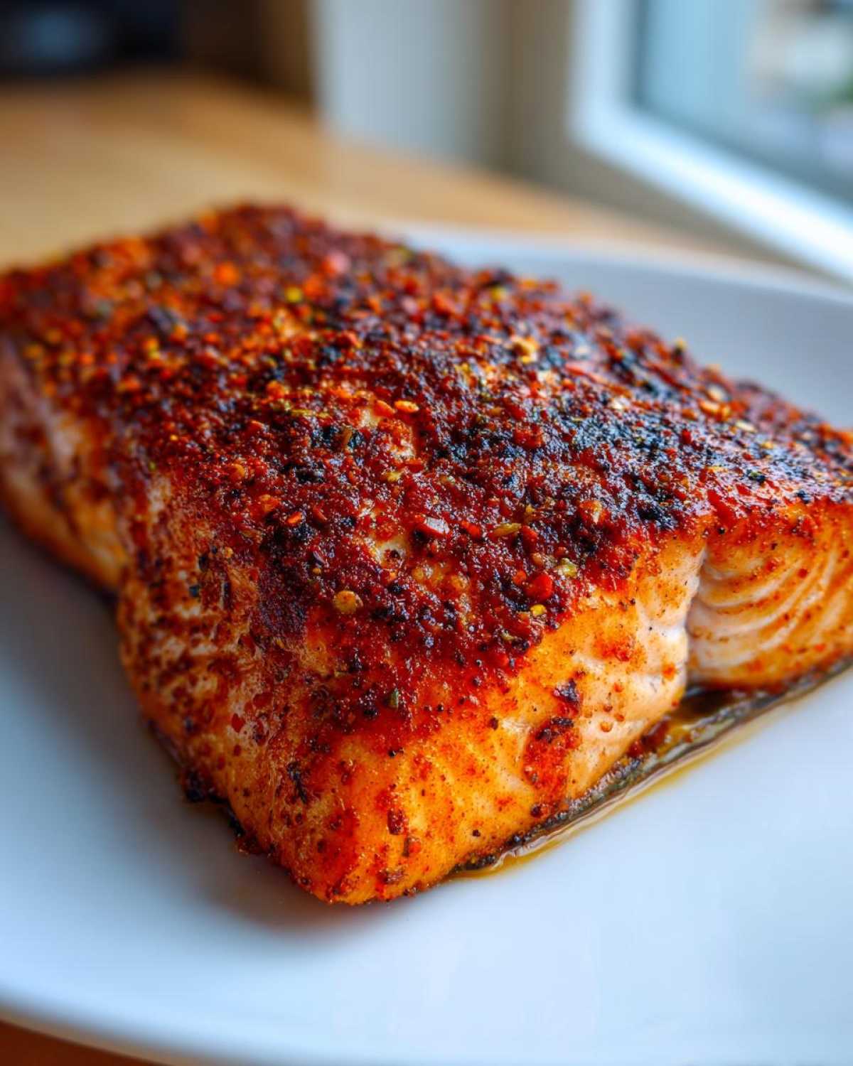 Close-up of a thick, juicy fillet of Cajun Salmon, grilled and covered in a vibrant red spice rub.