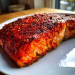 Close-up of a thick, flaky fillet of Cajun Salmon, grilled to perfection with a vibrant red spice crust.