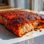 Close-up of a flaky, thick fillet of Cajun Salmon, grilled and covered in a vibrant red spice rub, resting on a white plate.