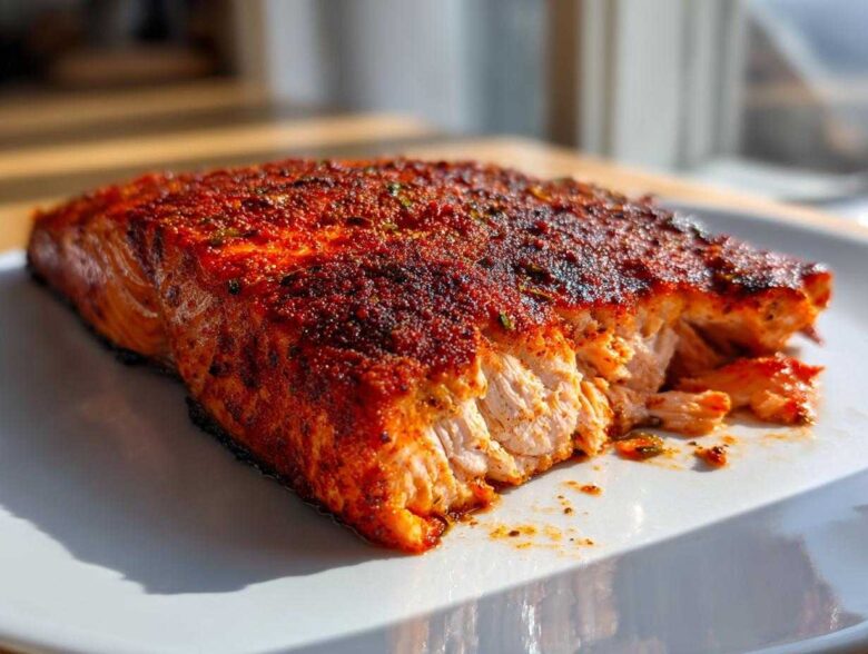 Close-up of a flaky, thick fillet of Cajun Salmon, grilled and covered in a vibrant red spice rub, resting on a white plate.