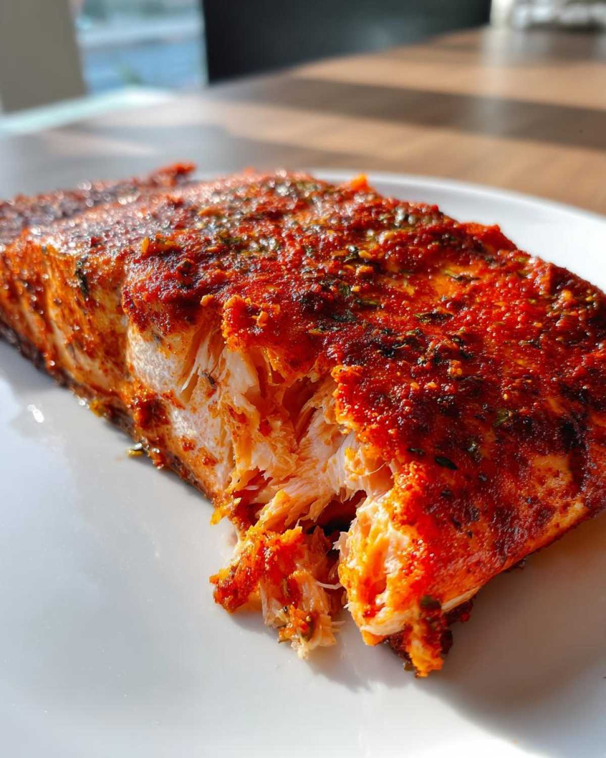 Close-up of a perfectly cooked piece of Cajun Salmon, grilled and flaking apart, showing a vibrant red spice rub.