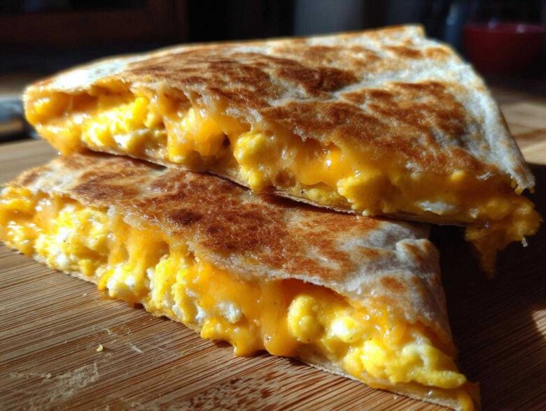 Two halves of a golden-brown quesadilla filled with fluffy scrambled eggs and melted cheddar cheese, showcasing the Cheddar Eggs Quesadillas.