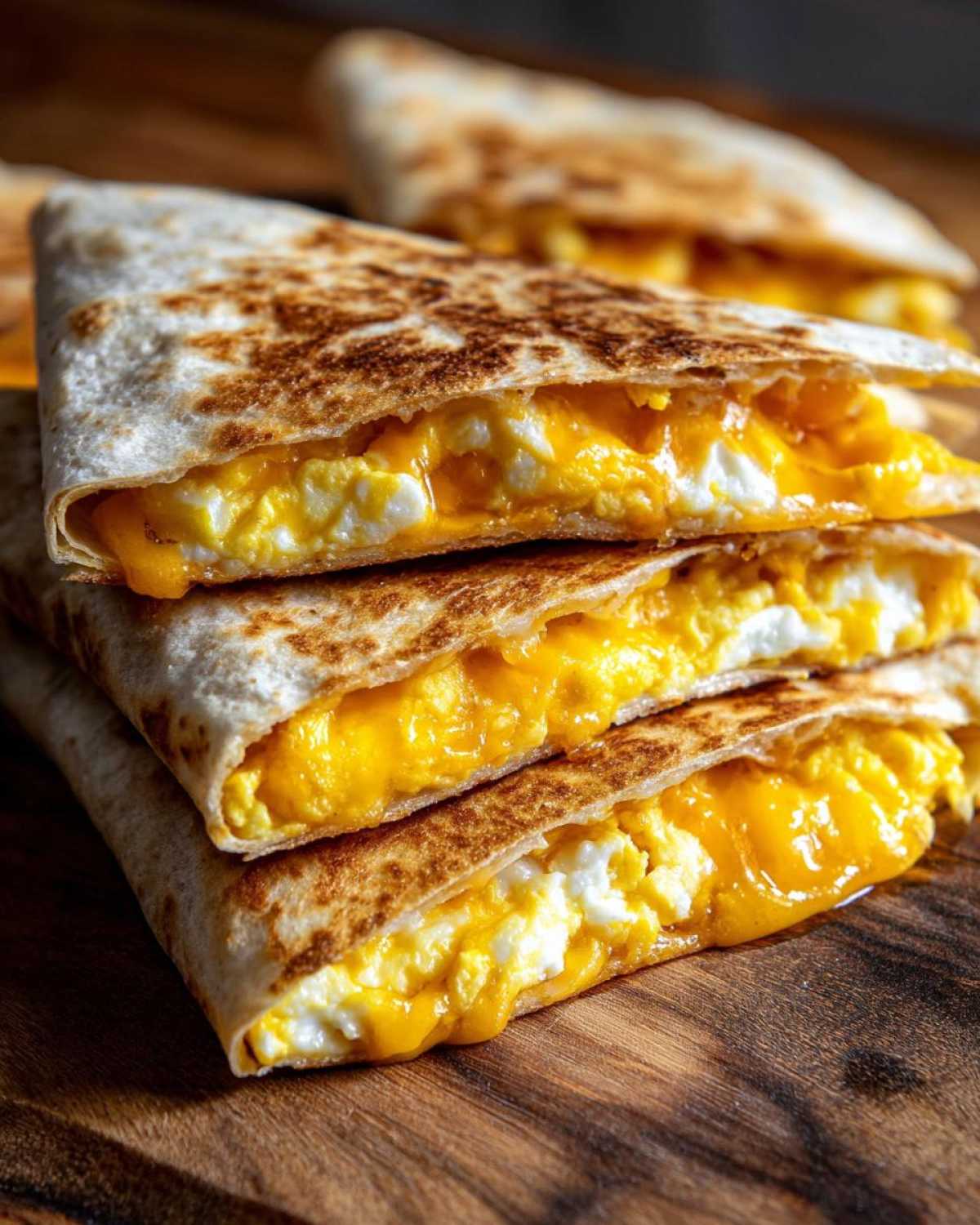 Close-up of stacked, grilled Cheddar Eggs Quesadillas showing fluffy scrambled eggs and melted cheddar cheese inside toasted tortillas.