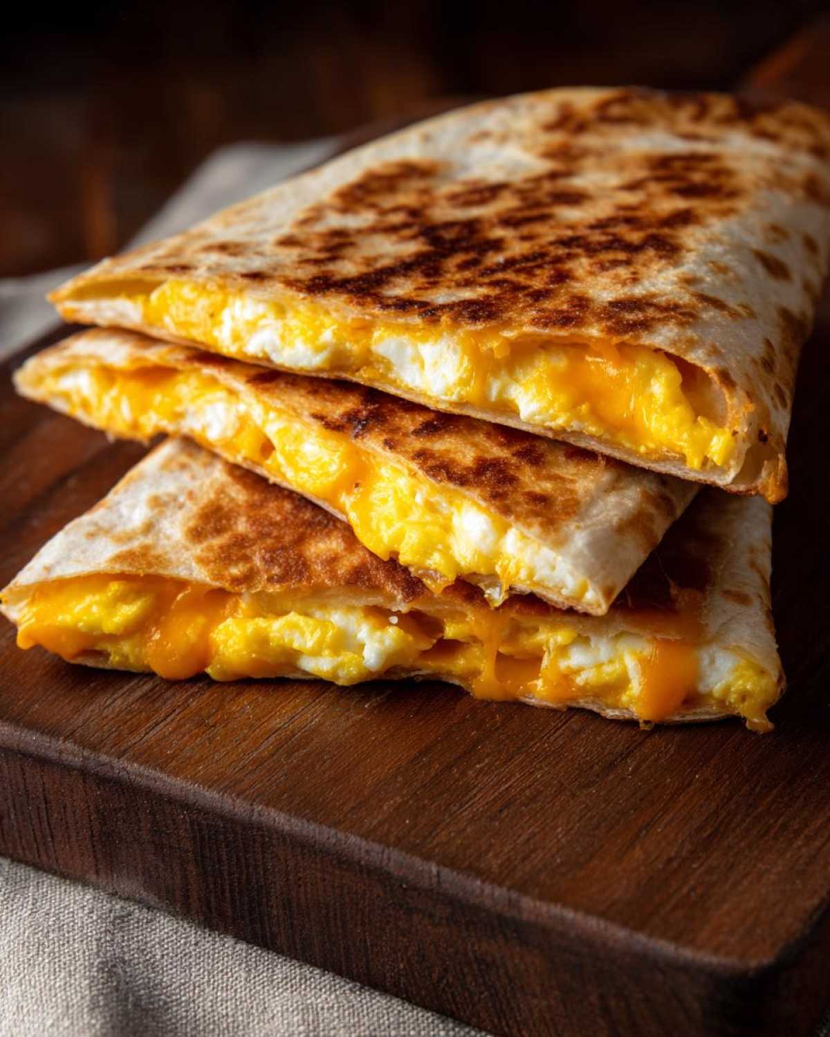 Three stacked, golden-brown Cheddar Eggs Quesadillas cut into wedges, showing melted cheese and scrambled eggs.