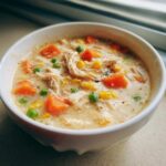 A close-up of creamy Chicken Pot Pie Soup filled with shredded chicken, carrots, peas, and corn, seasoned with pepper.