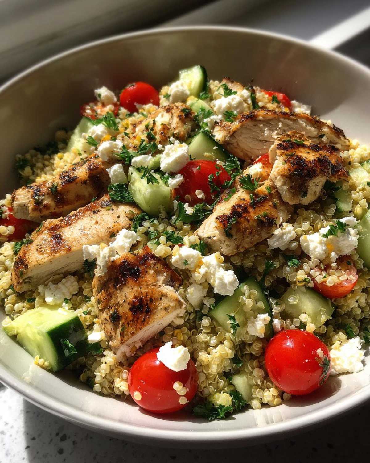 Grilled chicken breast slices served over a quinoa salad with cherry tomatoes, cucumbers, feta, and parsley, perfect for Easy Summer Meals.
