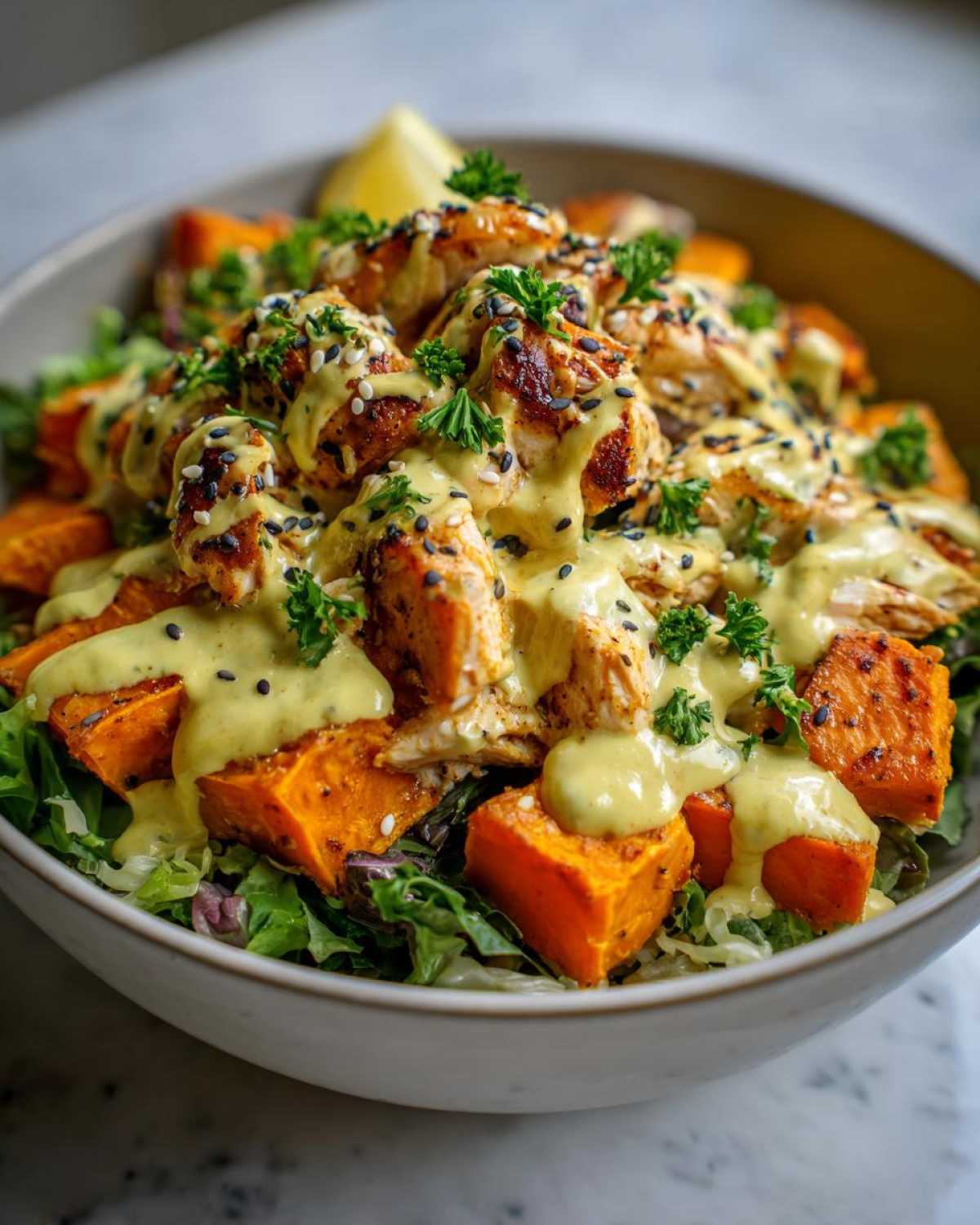Close-up of a Chicken Sweet Potato Power Bowl featuring roasted sweet potatoes, grilled chicken pieces, and a generous tahini drizzle.
