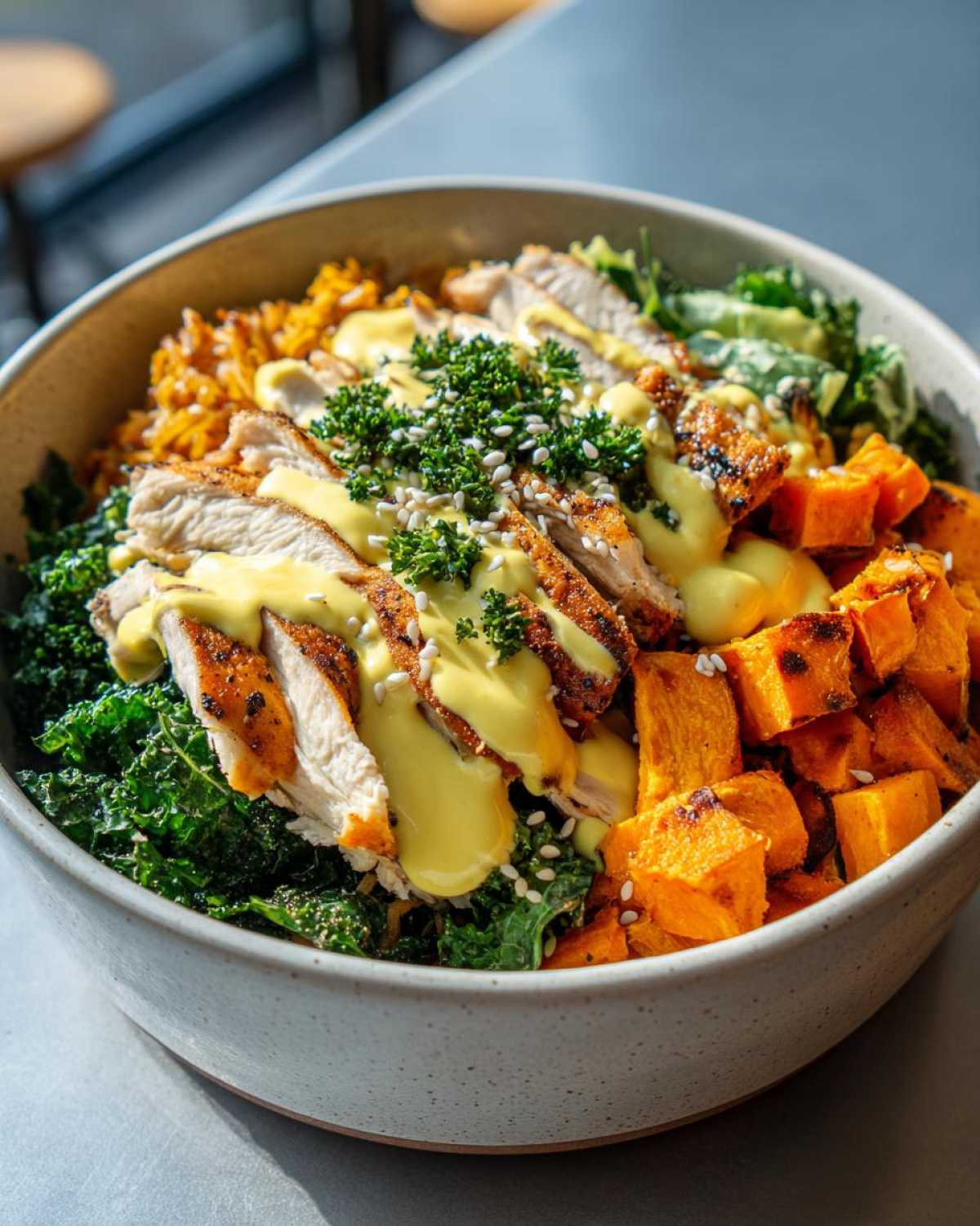 Close-up of a Chicken Sweet Potato Power Bowl featuring sliced chicken, roasted sweet potatoes, kale, and a bright tahini drizzle.