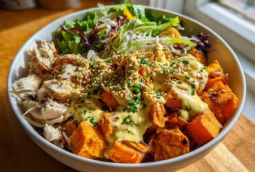 Close-up of a Chicken Sweet Potato Power Bowl featuring roasted sweet potatoes, shredded chicken, greens, and a generous tahini drizzle.