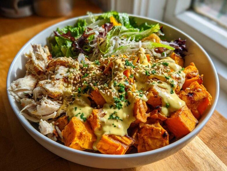 Close-up of a Chicken Sweet Potato Power Bowl featuring roasted sweet potatoes, shredded chicken, greens, and a generous tahini drizzle.