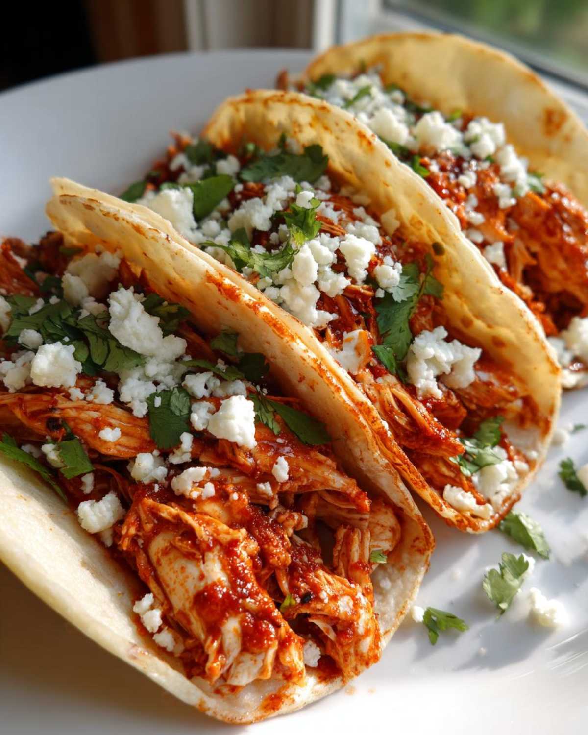Three soft corn tortillas filled with shredded Chicken Tinga Tacos Chipotle, topped with crumbled white cheese and fresh cilantro.