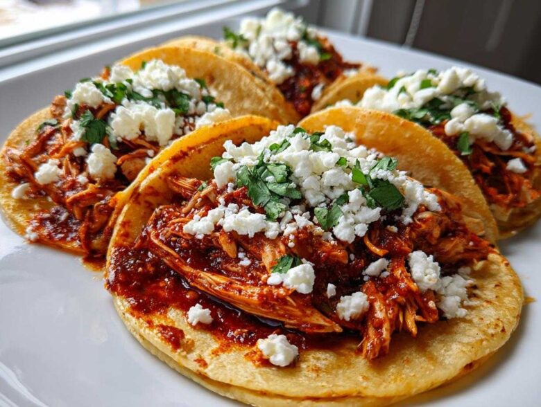 A plate of several vibrant Chicken Tinga Tacos Chipotle topped generously with crumbled white cheese and fresh cilantro.