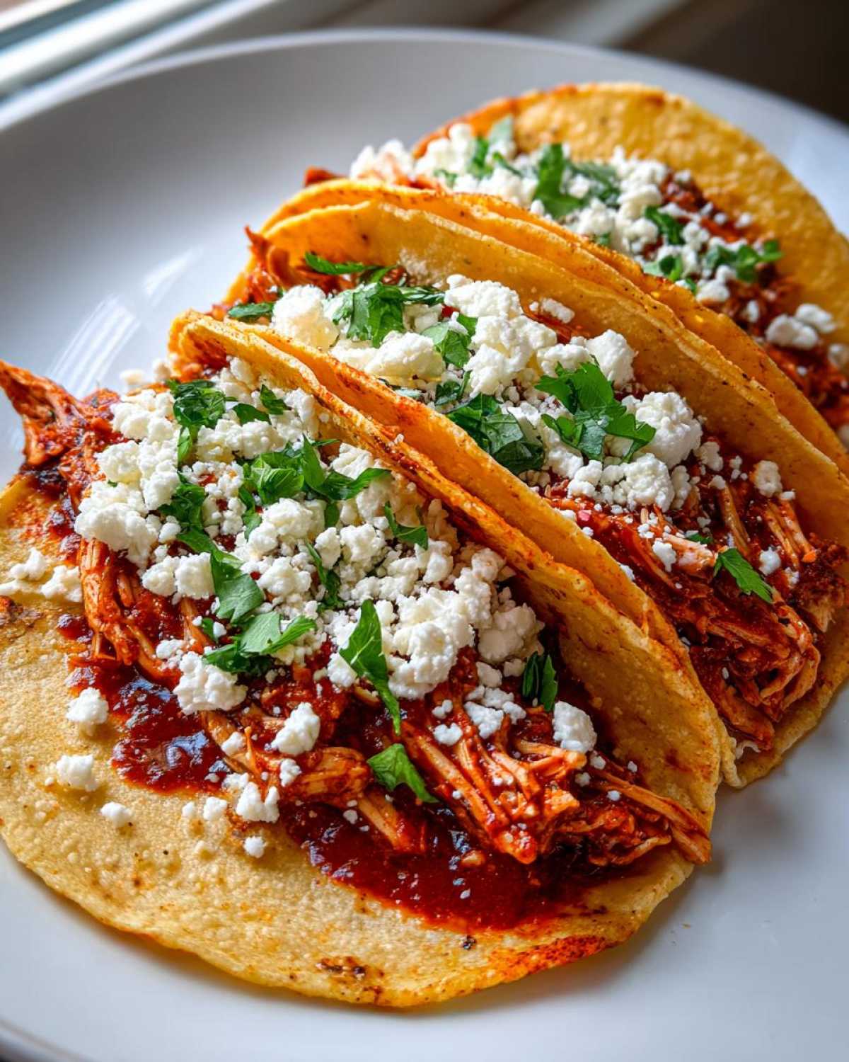 Three vibrant Chicken Tinga Tacos Chipotle served on soft corn tortillas, topped with cotija cheese and cilantro.