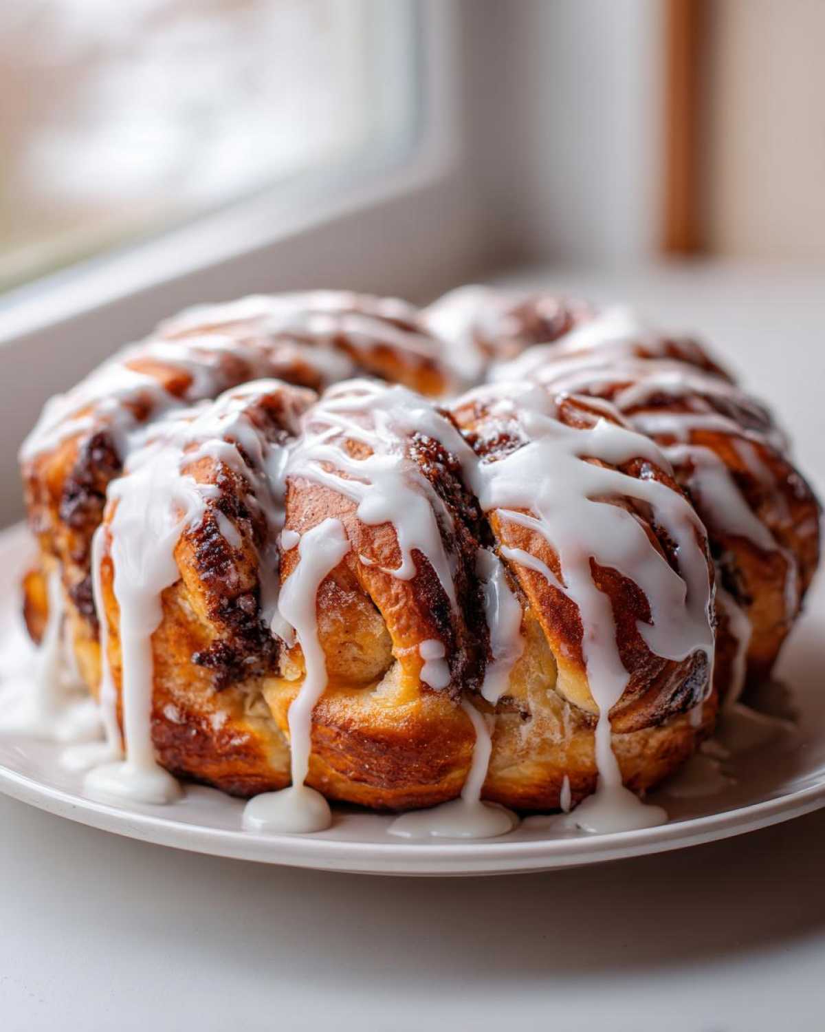 A freshly baked, round loaf of Cinnamon Roll Bread Twists generously drizzled with white icing.