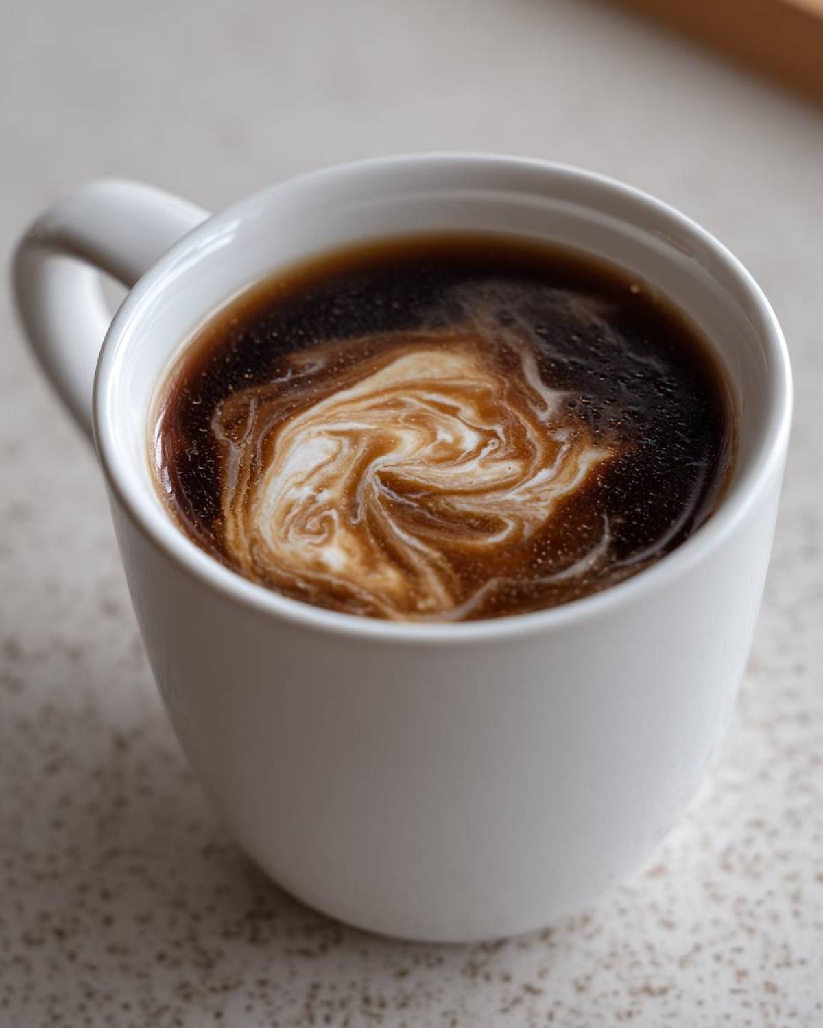 Close-up of dark coffee in a white mug with cream swirling into a beautiful pattern, ready for Vanilla Infusion.