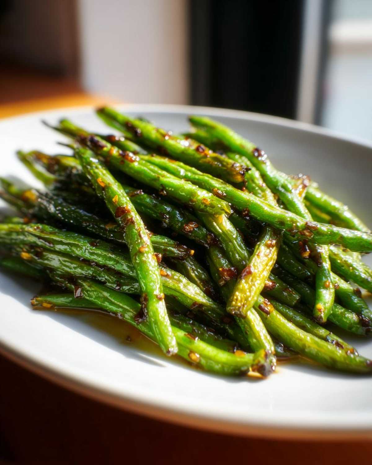 Close-up of glossy, bright green beans coated in a savory glaze, known as Crack Green Beans.
