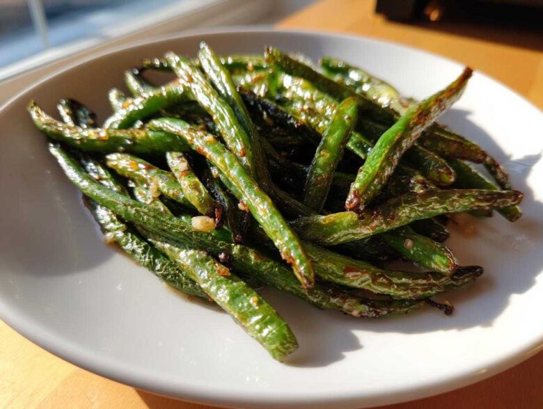 A close-up of glossy, roasted Crack Green Beans seasoned with garlic bits, served on a white plate.