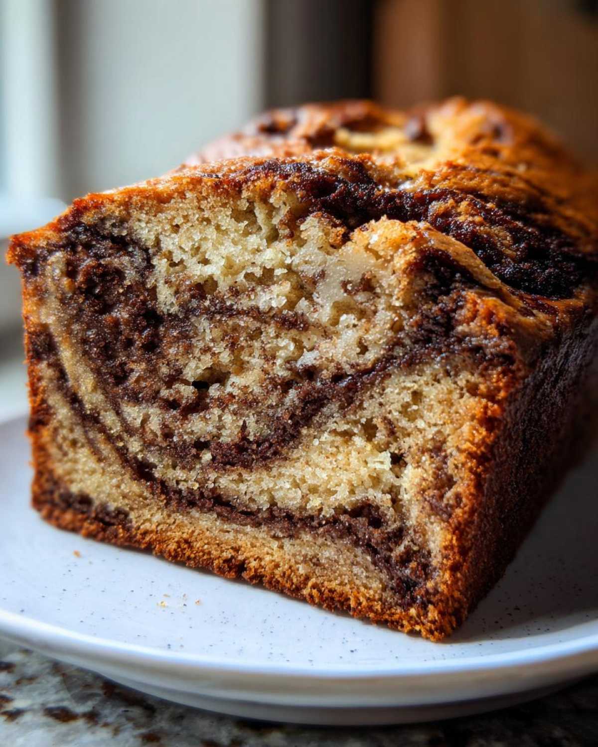 Close-up of a slice of Cream Cheese Cinnamon Swirl Banana Bread showing rich, marbled swirls.