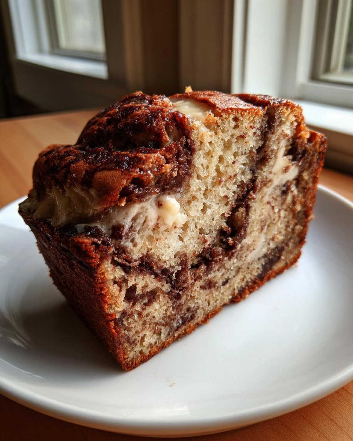 A thick slice of Cream Cheese Cinnamon Swirl Banana Bread showing moist texture and swirls of cinnamon and cream cheese.
