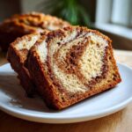 Two thick slices of Cream Cheese Cinnamon Swirl Banana Bread showing a rich cinnamon swirl pattern on a white plate.