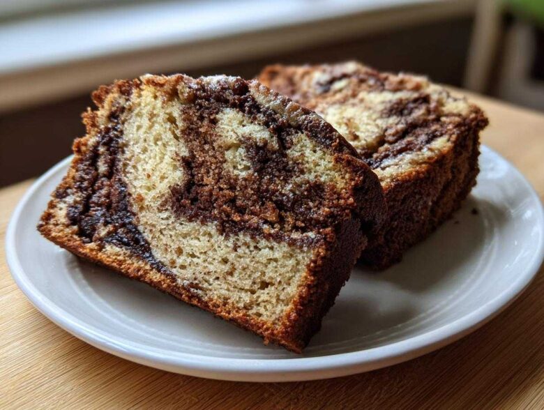 Two slices of Cream Cheese Cinnamon Swirl Banana Bread showing a rich swirl pattern, served on a small white plate.