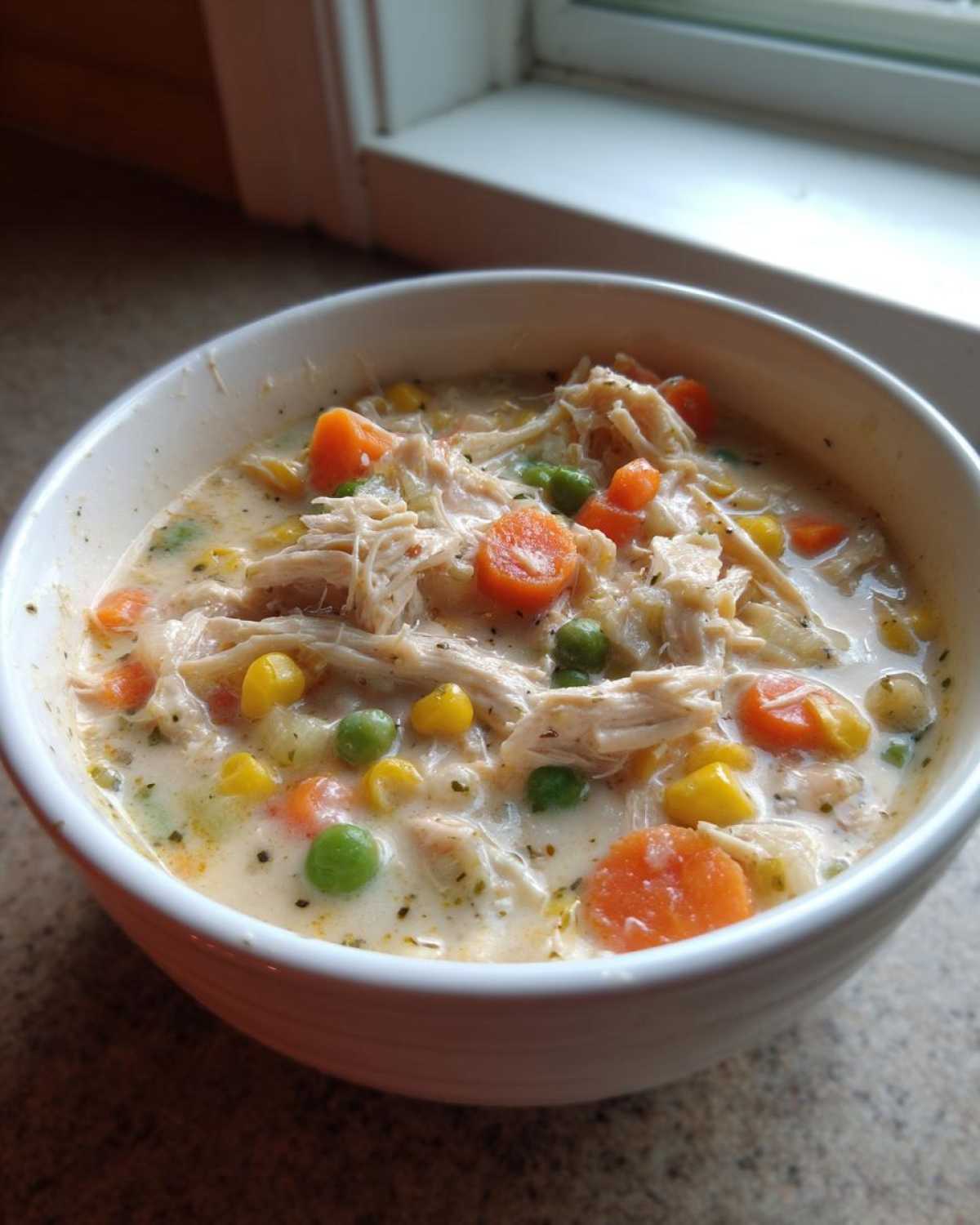Close-up of a white bowl filled with creamy Chicken Pot Pie Soup featuring shredded chicken, carrots, peas, and corn.