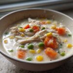Close-up of a creamy bowl of Chicken Pot Pie Soup filled with shredded chicken, carrots, peas, and corn.