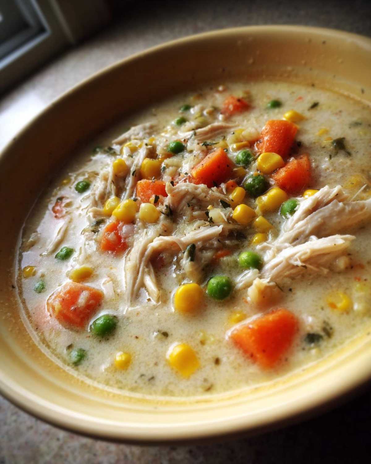 A close-up, top-down view of a creamy bowl of Chicken Pot Pie Soup, featuring shredded chicken, carrots, peas, and corn.