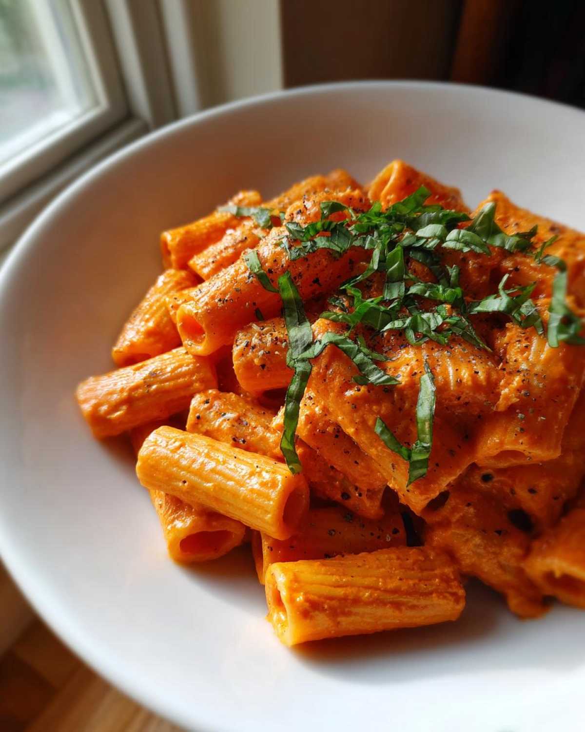 Close-up of rigatoni pasta coated in rich, orange Creamy Tomato Ricotta Pasta sauce, topped with fresh basil.