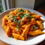 A bowl of vibrant orange Creamy Tomato Ricotta Pasta topped generously with fresh, chopped basil.