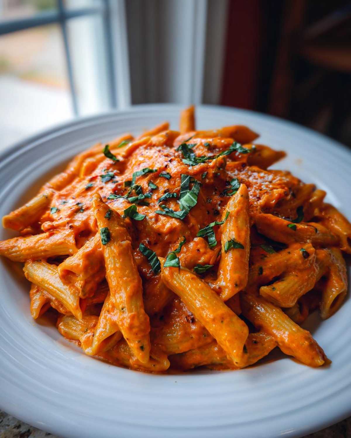 A close-up of a white bowl filled with Creamy Tomato Ricotta Pasta, topped with fresh basil.