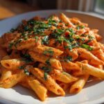 A close-up of penne pasta coated in a rich, orange-hued Creamy Tomato Ricotta Pasta sauce, topped with fresh basil.