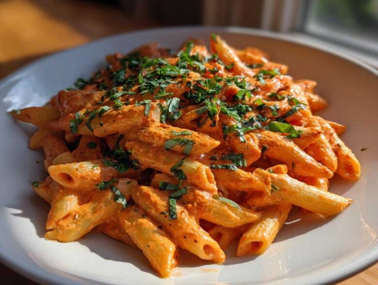 A close-up of penne pasta coated in a rich, orange-hued Creamy Tomato Ricotta Pasta sauce, topped with fresh basil.