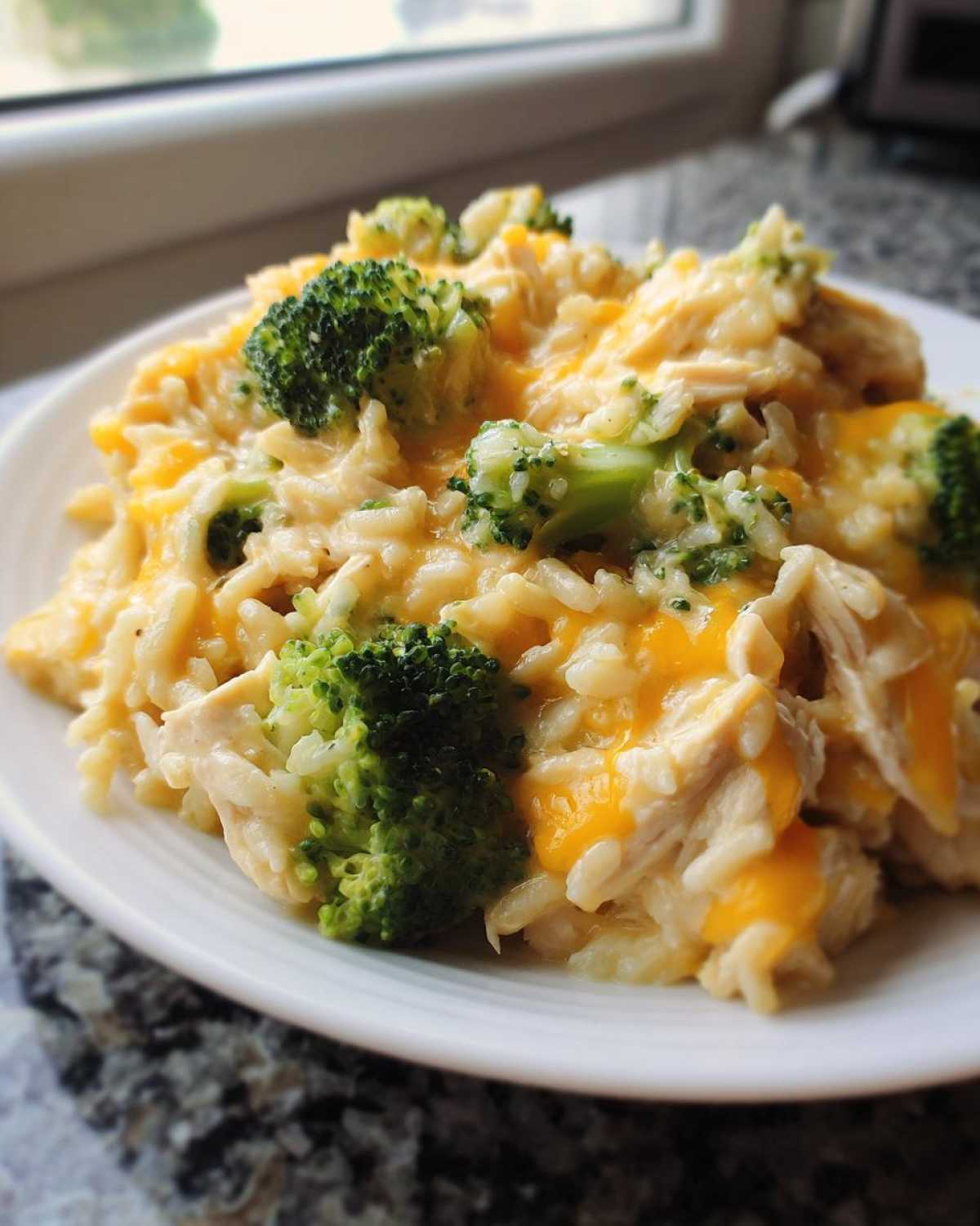 A close-up of Crockpot Broccoli Cheddar Chicken and Rice served on a white plate, topped with melted cheese.