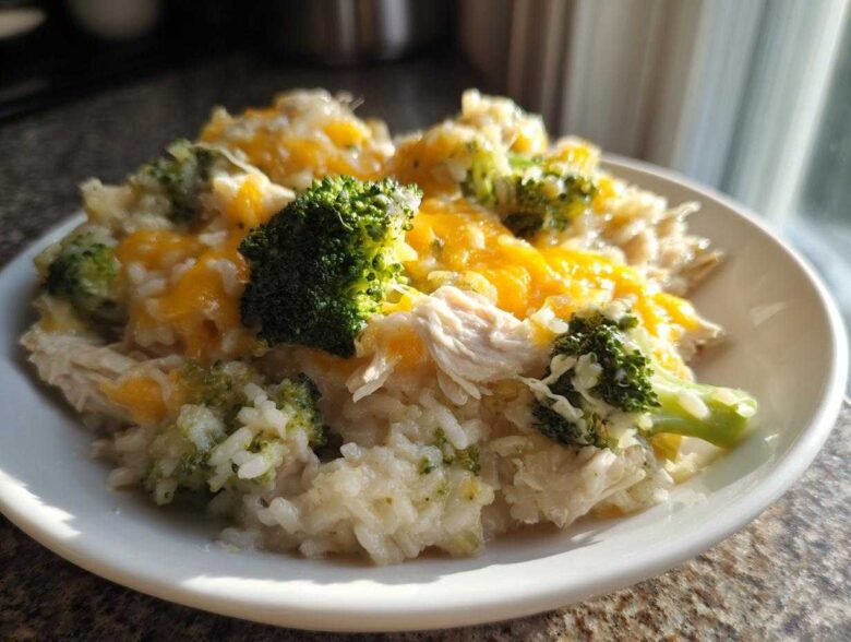 A close-up of Crockpot Broccoli Cheddar Chicken and Rice served on a white plate, topped with melted cheese.