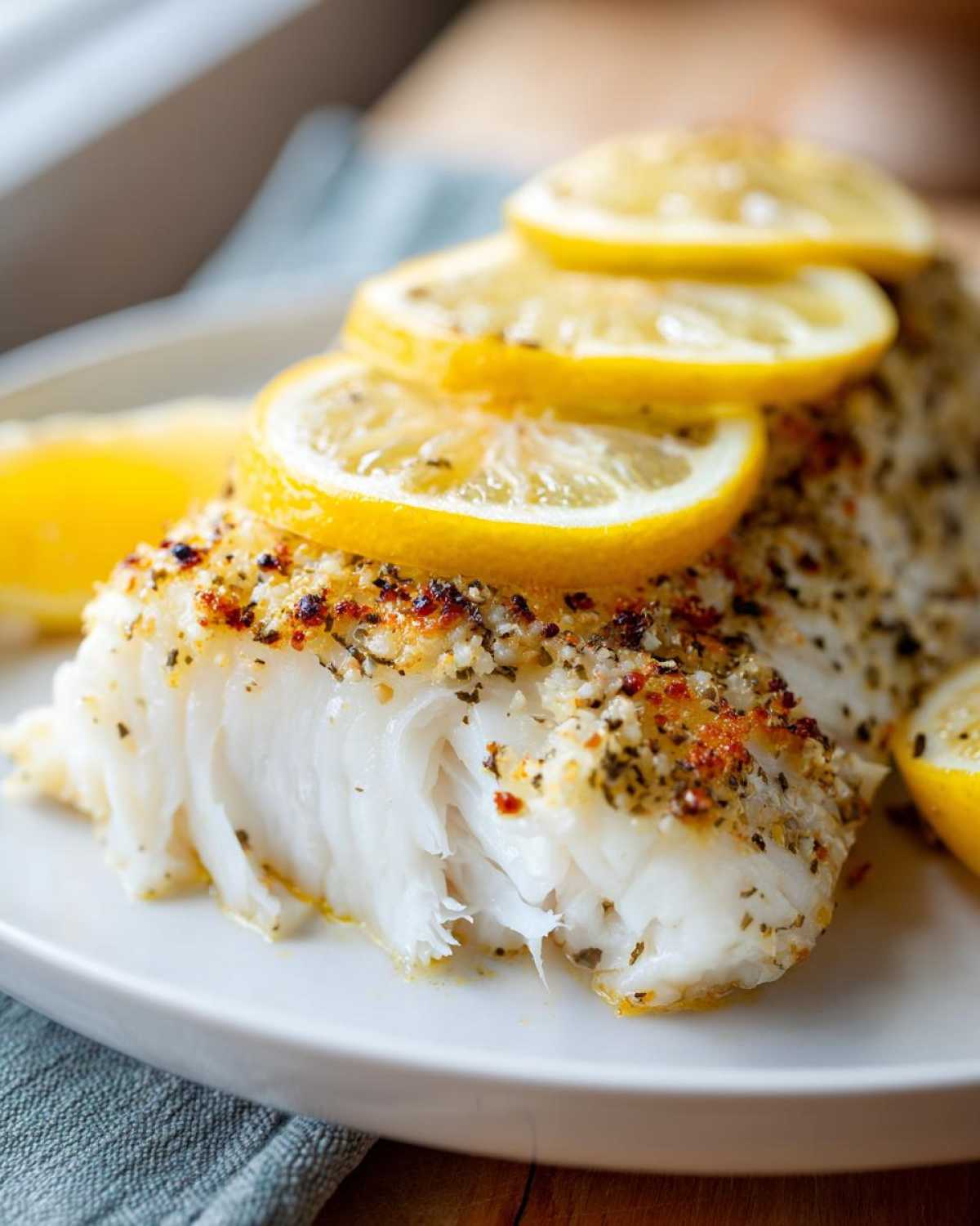 Close-up of flaky, seasoned Easy Baked Fish topped with thin slices of fresh lemon.