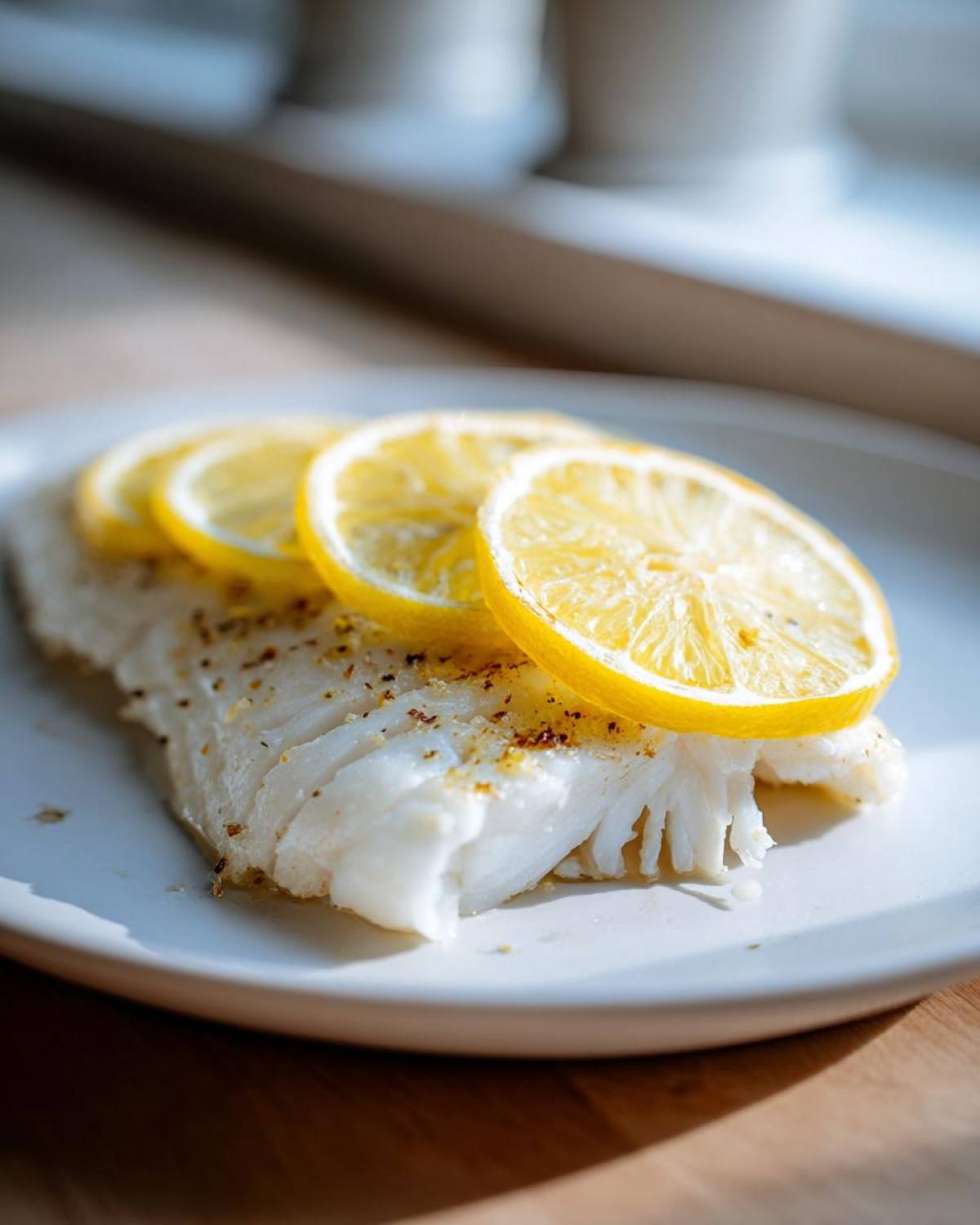 Close-up of a perfectly cooked fillet of Easy Baked Fish topped with thin lemon slices and seasoning.