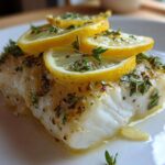 Close-up of a flaky fillet of Easy Baked Fish topped with lemon slices and fresh herbs.