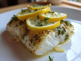 Close-up of a flaky fillet of Easy Baked Fish topped with lemon slices and fresh herbs.