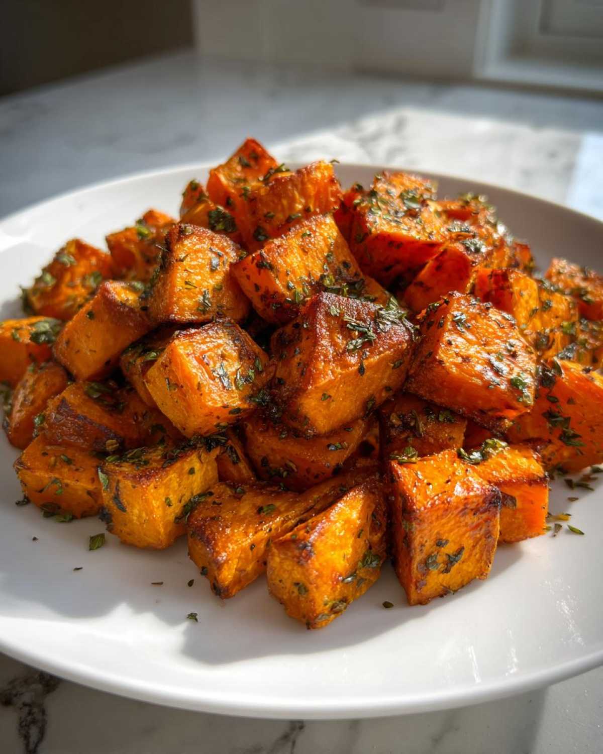Close-up of a mound of perfectly roasted Garlic Parmesan Sweet Potatoes, cubes seasoned with herbs.