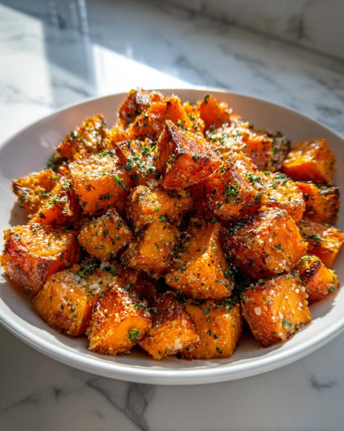 A close-up of perfectly roasted Garlic Parmesan Sweet Potatoes cubes topped with grated cheese and parsley.