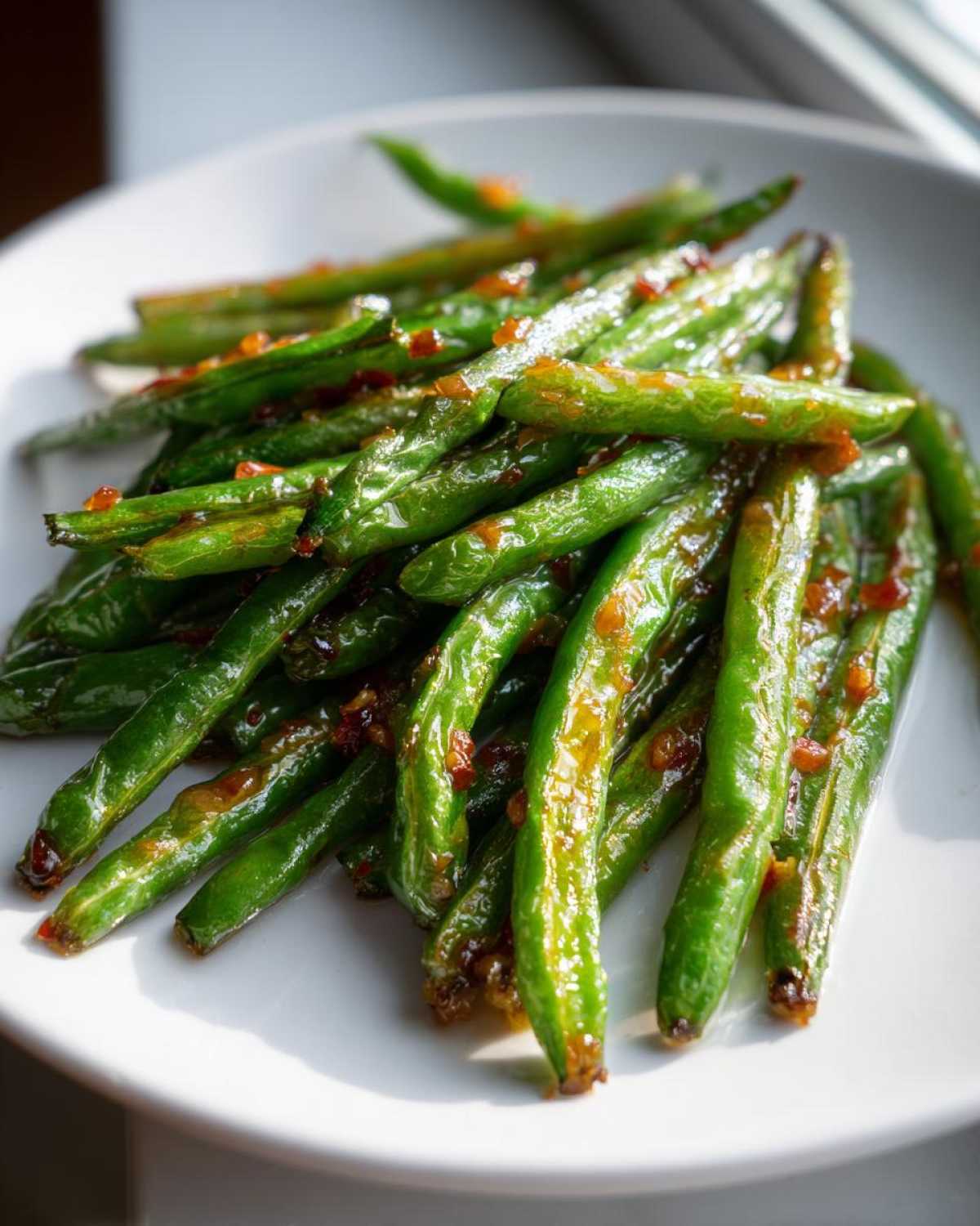 A close-up of glossy, blistered Crack Green Beans tossed in a savory, reddish glaze on a white plate.