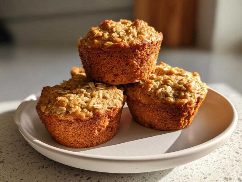 Three golden brown Oat Muffins Breakfast stacked on a light plate, topped with visible rolled oats.