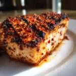A thick, flaky piece of grilled Spicy Cajun Halibut coated in a vibrant red spice rub, resting on a white plate.