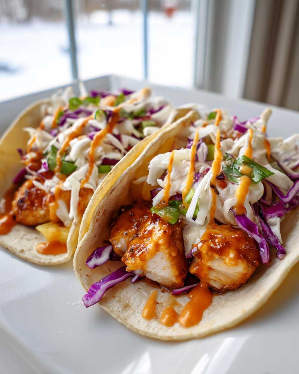 Close-up of two Hawaiian Chicken Tacos filled with glazed chicken, purple cabbage slaw, and drizzled with orange sauce.